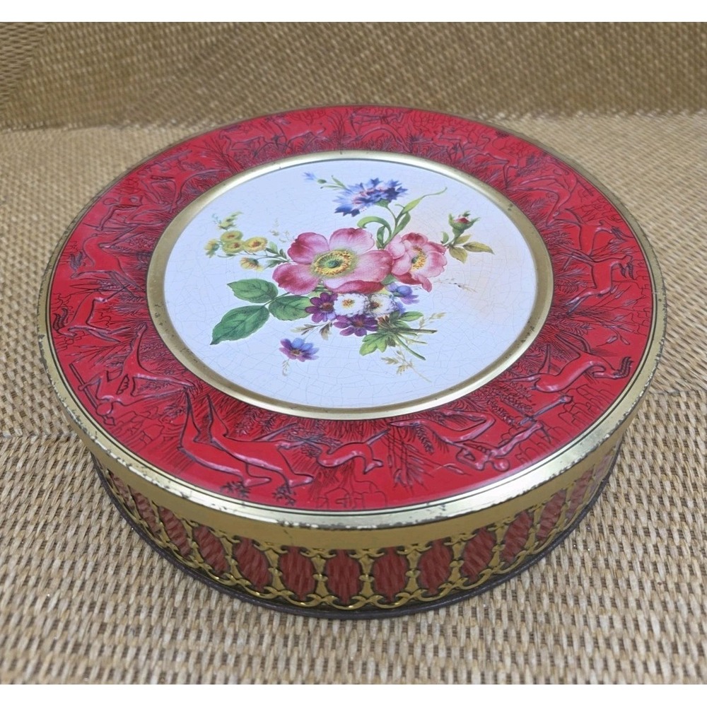 VTG Western Germany Decorative Tin Box Red & Gold Floral Embossed Container 8.5"